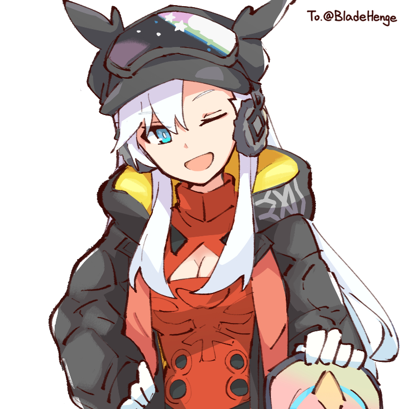 1girl ;d alonemistrist black_jacket blue_eyes breasts cleavage cleavage_cutout clothing_cutout dragalia_lost gloves ilia_(dragalia_lost) jacket long_hair long_sleeves looking_at_viewer official_alternate_costume one_eye_closed open_mouth sidelocks smile solo upper_body white_background white_gloves white_hair