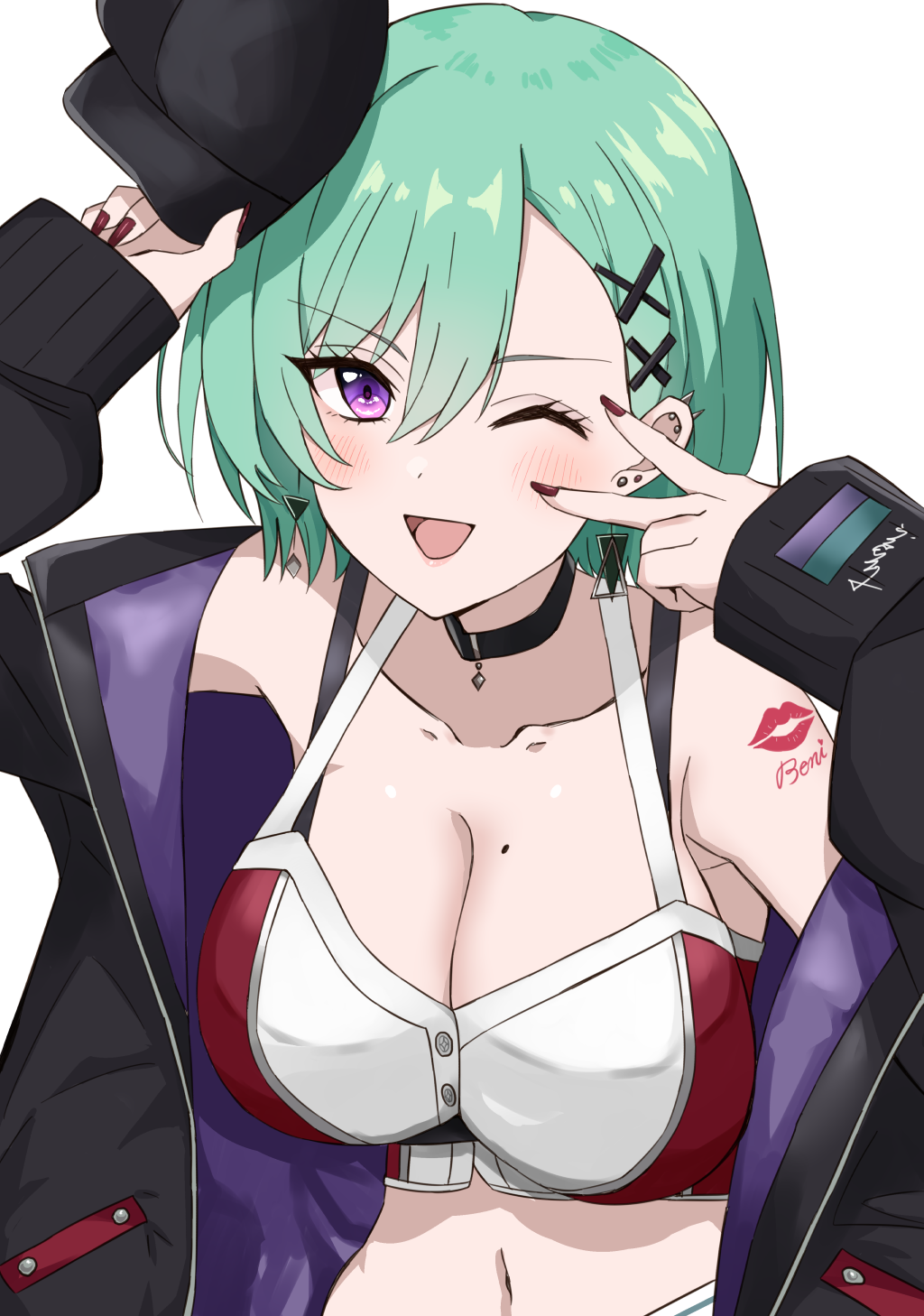 1girl ;d baseball_cap black_bra black_collar black_hat black_jacket blush bra bra_strap breasts bustier character_name collar crop_top earrings green_hair hat highres holding holding_clothes holding_hat jacket jewelry keikesu large_breasts leaning_forward long_sleeves looking_at_viewer midriff mole mole_on_breast navel off_shoulder one_eye_closed open_clothes open_jacket purple_eyes purple_jacket red_bustier red_nails short_hair shoulder_tattoo simple_background smile solo strap_gap tattoo triangle_earrings two-sided_fabric two-sided_jacket underwear v_over_eye virtual_youtuber vspo! white_background white_bustier yakumo_beni yakumo_beni_(4th_costume)