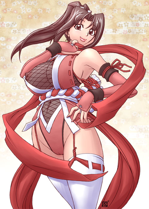 adapted_costume alternate_costume bodysuit breasts cameltoe fatal_fury fishnet_bodysuit fishnets high_ponytail huge_breasts kenix leotard_under_clothes long_hair ninja ponytail scarf shiranui_mai sideboob snk solo the_king_of_fighters thighhighs