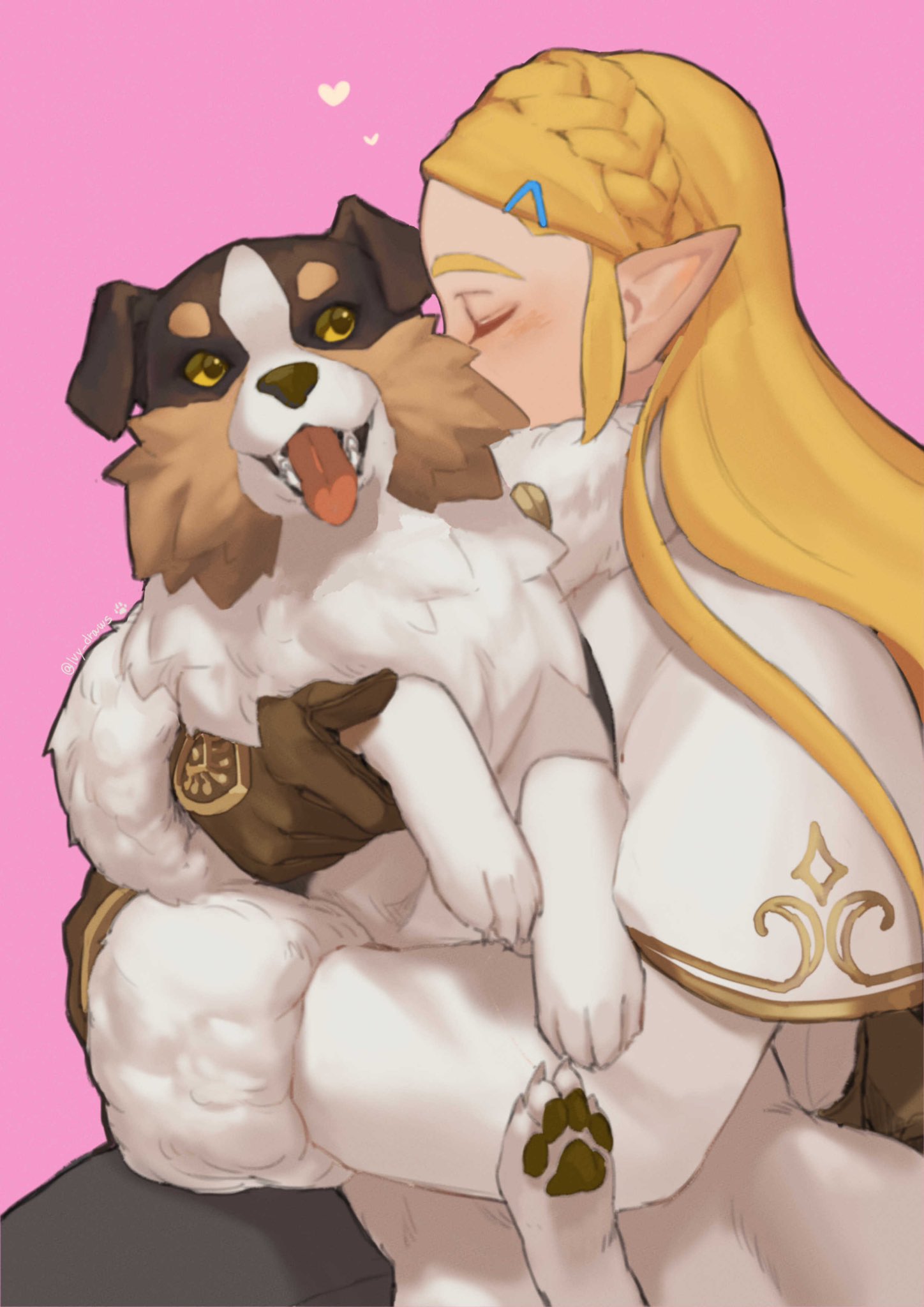 1girl animal animal_hug black_pants blonde_hair braid crown_braid dog from_side fur-trimmed_jacket fur_trim hair_ornament hairclip heart highres ivy_(sena0119) jacket long_hair long_sleeves pants pink_background princess_zelda sitting the_legend_of_zelda the_legend_of_zelda:_breath_of_the_wild tongue tongue_out white_jacket winter_clothes winter_clothes_(zelda)