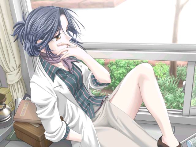 artist_request blue_hair cigarette crescendo d.o. game_cg shito_kaori sitting smoking solo window