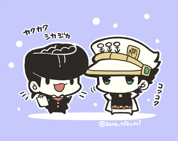 2boys androgyne_symbol belt black_hair black_shirt chibi chibi_only coat earrings full_body gakuran green_eyes hat higashikata_josuke holding jewelry jojo_no_kimyou_na_bouken kotorai kujo_jotaro male_focus multiple_boys no_nose open_mouth outline pants pompadour school_uniform shirt short_hair snowing translation_request twitter_username white_coat white_headwear white_outline white_pants