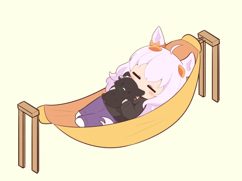 1girl ahoge animal animal_ears animalization biwa_hayahide_(umamusume) black_cat black_shirt blush_stickers brown_background cat chibi closed_eyes gomashio_(goma_feet) hammock horse_ears horse_girl horse_tail long_sleeves lying mouth_hold narita_brian_(umamusume) on_back pants purple_pants shirt simple_background sleeves_past_wrists stalk_in_mouth tail umamusume |_|