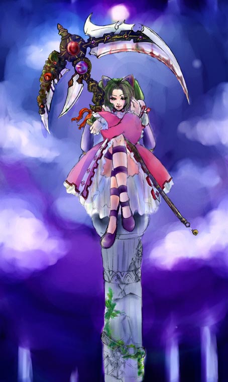 arala_cran artist_request cloud convenient_leg crossed_arms crossed_legs dress full_moon green_hair hair_ornament huge_weapon legs lipstick long_hair makeup moon night night_sky outdoors pillar scythe shikigami_no_shiro shikigami_no_shiro_ii shoes sitting sky smile solo thigh_strap twintails weapon