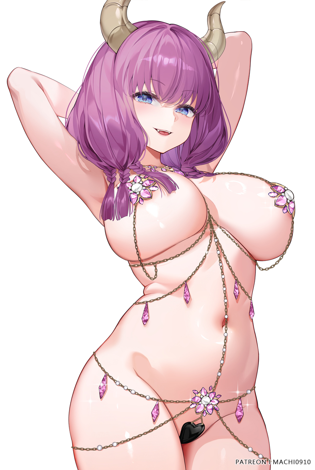 1girl arms_behind_head arms_up aura_(sousou_no_frieren) blue_eyes body_jewelry breasts brown_horns chain_bikini cowboy_shot demon_girl demon_horns fangs highres horns large_breasts looking_at_viewer machi_(7769) maebari medium_hair naked_jewelry navel open_mouth patreon_username purple_hair quad_braids revealing_clothes shiny_skin smile solo sousou_no_frieren sparkle stomach teeth upper_teeth_only