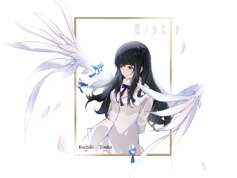 1girl arms_behind_back bird black_hair blue_eyes bow bowtie breasts catolin character_name feathers kara_no_shoujo kuchiki_touko long_hair long_sleeves medium_breasts picture_frame purple_bow purple_bowtie ribbon shirt solo upper_body white_background white_shirt wings