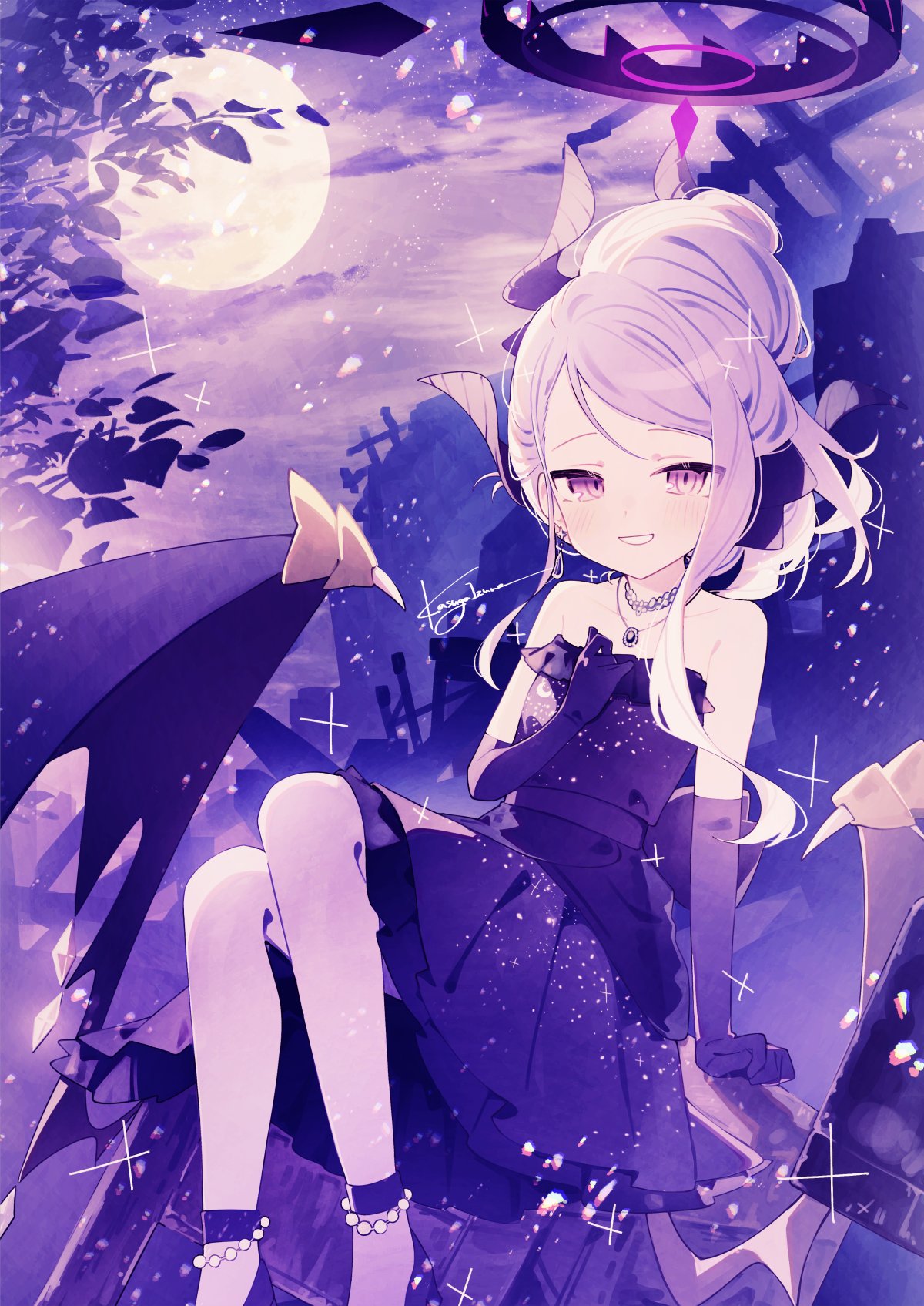 1girl blue_archive blush demon_girl demon_horns demon_wings dress elbow_gloves full_moon gloves halo highres hina_(blue_archive) hina_(dress)_(blue_archive) horns kasuga_haruhi knees_up light_particles looking_at_viewer low_wings moon official_alternate_costume official_alternate_hairstyle outdoors purple_dress purple_eyes purple_gloves purple_halo purple_sky purple_theme sidelocks sky smile solo strapless strapless_dress swept_bangs wings