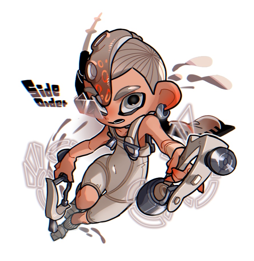 1boy agent_8_(splatoon) bodysuit collarbone commentary_request copyright_name covered_navel dual_wielding earrings gradient_hair grey_hair gun holding holding_gun holding_weapon ink_tank_(splatoon) jewelry male_focus multicolored_hair octoling octoling_boy octoling_player_character open_mouth order_dualies_(splatoon) red_hair short_hair simple_background sleeveless sleeveless_bodysuit solo splatoon_(series) splatoon_3 splatoon_3:_side_order tentacle_hair thick_eyebrows two-tone_hair w0_tarou weapon white_background white_bodysuit
