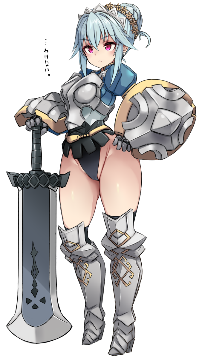 1girl :&lt; armor armored_boots blue_hair blush boots braid braided_bun breastplate buckler earrings full_body gloves hair_between_eyes hair_bun hairband hand_on_own_hip highres jewelry karukan_(monjya) leaning_on_weapon leotard leotard_under_clothes light_blue_hair looking_at_viewer open_mouth pink_eyes shield shiny_skin solo standing thick_thighs thighhighs thighhighs_under_boots thighs unicorn_overlord virginia_(unicorn_overlord) white_background