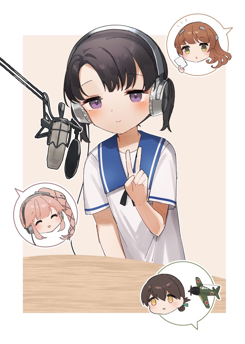 4girls a5m aircraft airplane black_hair blue_sailor_collar commentary_request dress headphones helena_(kancolle) highres kantai_collection kasuga_maru_(kancolle) microphone multiple_girls one-hour_drawing_challenge purple_eyes sailor_collar sailor_dress short_sleeves shounan_(kancolle) solo_focus speech_bubble twintails upper_body v white_dress yamashichi_(mtseven) yura_(kancolle)