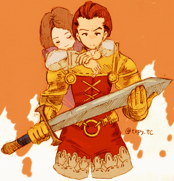 1boy 1girl armor blush brother_and_sister brown_hair closed_eyes delita_heiral expressionless final_fantasy final_fantasy_tactics ghost holding holding_weapon hug overalls red_overalls siblings smile sword tietra_heiral trpy_tc two-tone_background upper_body weapon yellow_armor