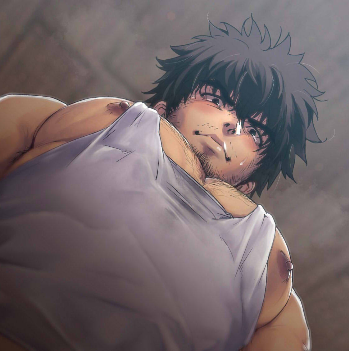 1boy artist_request bara beard_stubble black_hair blush character_request dark-skinned_male dark_skin facial_hair foreshortening from_below grey_tank_top indie_virtual_youtuber large_pectorals looking_at_viewer looking_down male_focus meme muscular muscular_male mustache_stubble nipple_slip nipples pectoral_cleavage pectoral_focus pectorals photo-referenced second-party_source short_hair sidepec solo sparse_chest_hair stubble sweat tank_top thick_eyebrows upper_body virtual_youtuber wavy_hair yur_oc_like_this_(meme)