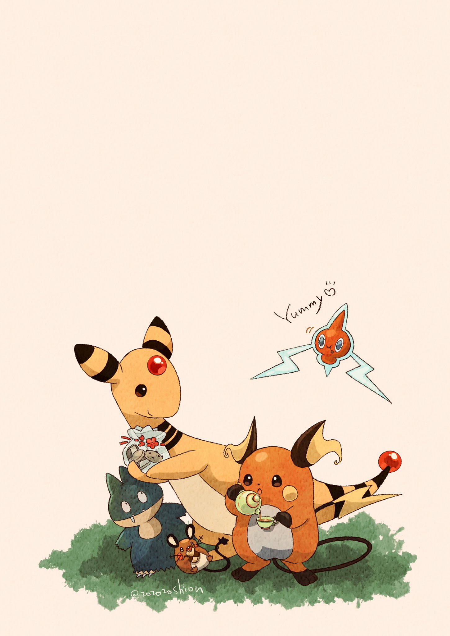 ampharos artist_name bag closed_eyes closed_mouth colored_skin commentary_request cup dedenne drooling fangs heart highres holding holding_bag holding_cup holding_teapot munchlax no_humans on_grass orange_skin pokemon pokemon_(creature) raichu rotom rotom_(normal) simple_background smile tail teapot twitter_username white_background yellow_skin zozozoshion