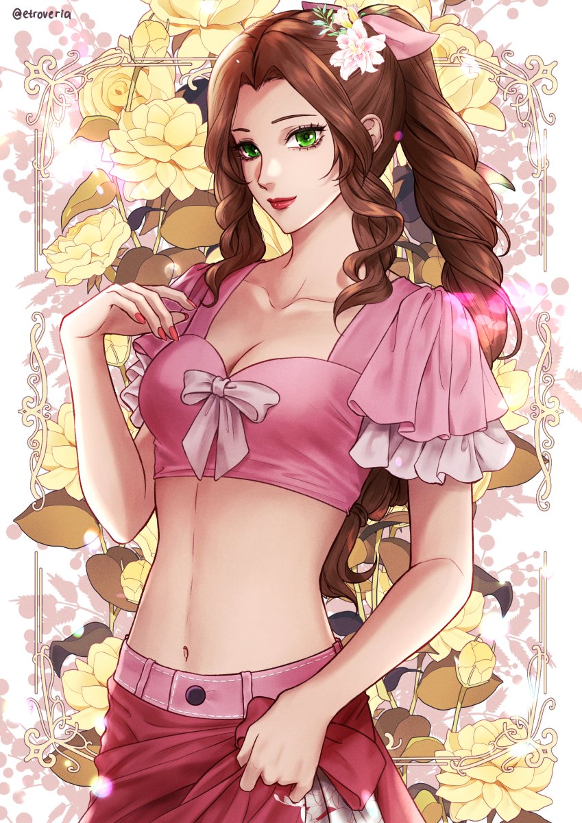 1girl aerith_gainsborough bow breasts brown_hair cleavage collarbone commentary crop_top etroveria final_fantasy final_fantasy_vii final_fantasy_vii_remake flower forehead green_eyes highres long_hair looking_at_viewer midriff navel pink_bow pink_shirt ponytail red_lips shirt sidelocks small_breasts smile solo stomach very_long_hair yellow_flower