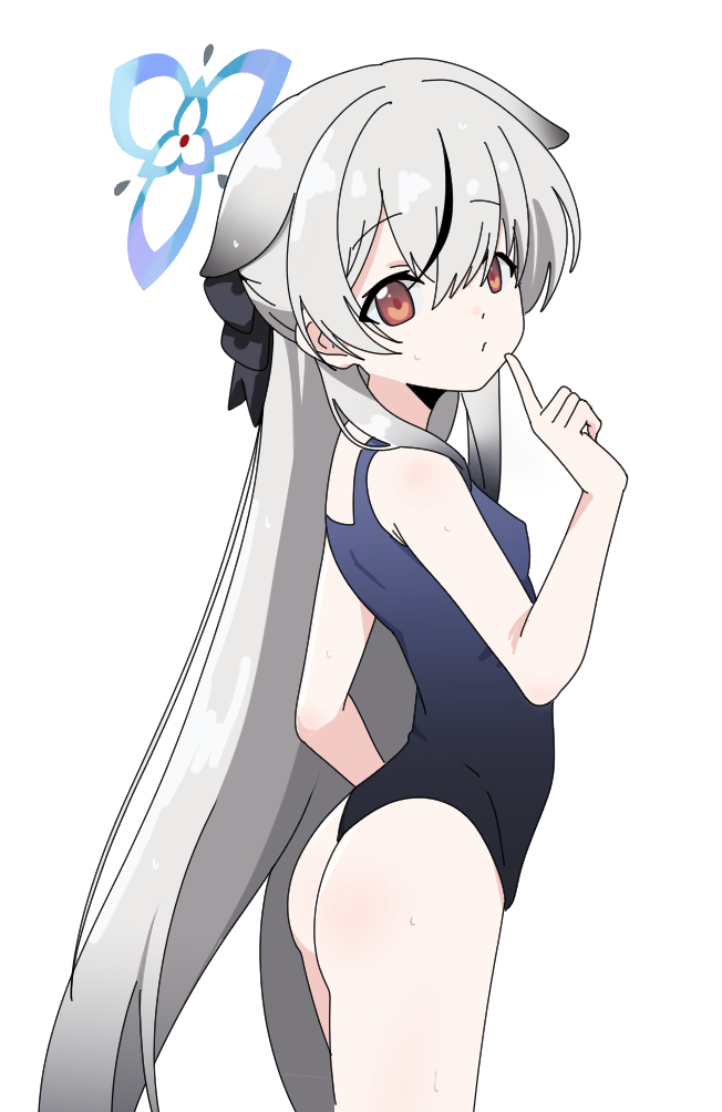 1girl animal_ears ass bare_arms bare_legs bare_shoulders black_one-piece_swimsuit blue_archive blue_halo breasts closed_mouth cowboy_shot grey_hair hair_between_eyes halo kokona_(blue_archive) long_hair looking_at_viewer nyaru_(nyaru_4126) one-piece_swimsuit red_eyes school_uniform simple_background small_breasts solo swimsuit tiger_ears white_background