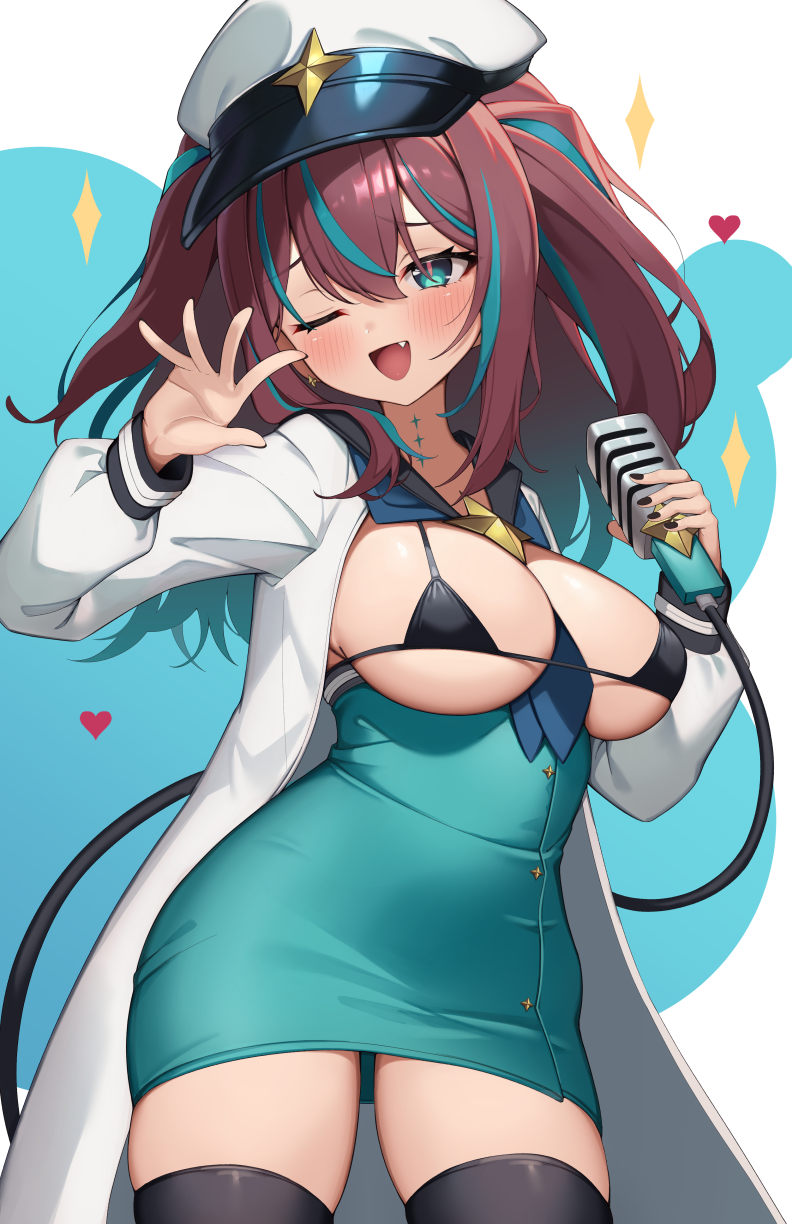 1girl ;d akoya_matama aqua_background aqua_eyes aqua_hair aqua_skirt bikini black_bikini black_thighhighs blue_neckerchief blush breasts brown_hair cowboy_shot fang hands_up hat high-waist_skirt highres holding holding_microphone jacket kaptivate large_breasts loco_musica long_hair long_sleeves looking_ahead looking_at_viewer mahou_shoujo_ni_akogarete micro_bikini microphone mixed-language_commentary multicolored_background multicolored_hair neckerchief neckerchief_between_breasts one_eye_closed open_clothes open_jacket open_mouth peaked_cap puffy_long_sleeves puffy_sleeves red_pupils skirt smile sparkle_print streaked_hair swimsuit thighhighs two_side_up white_background white_jacket