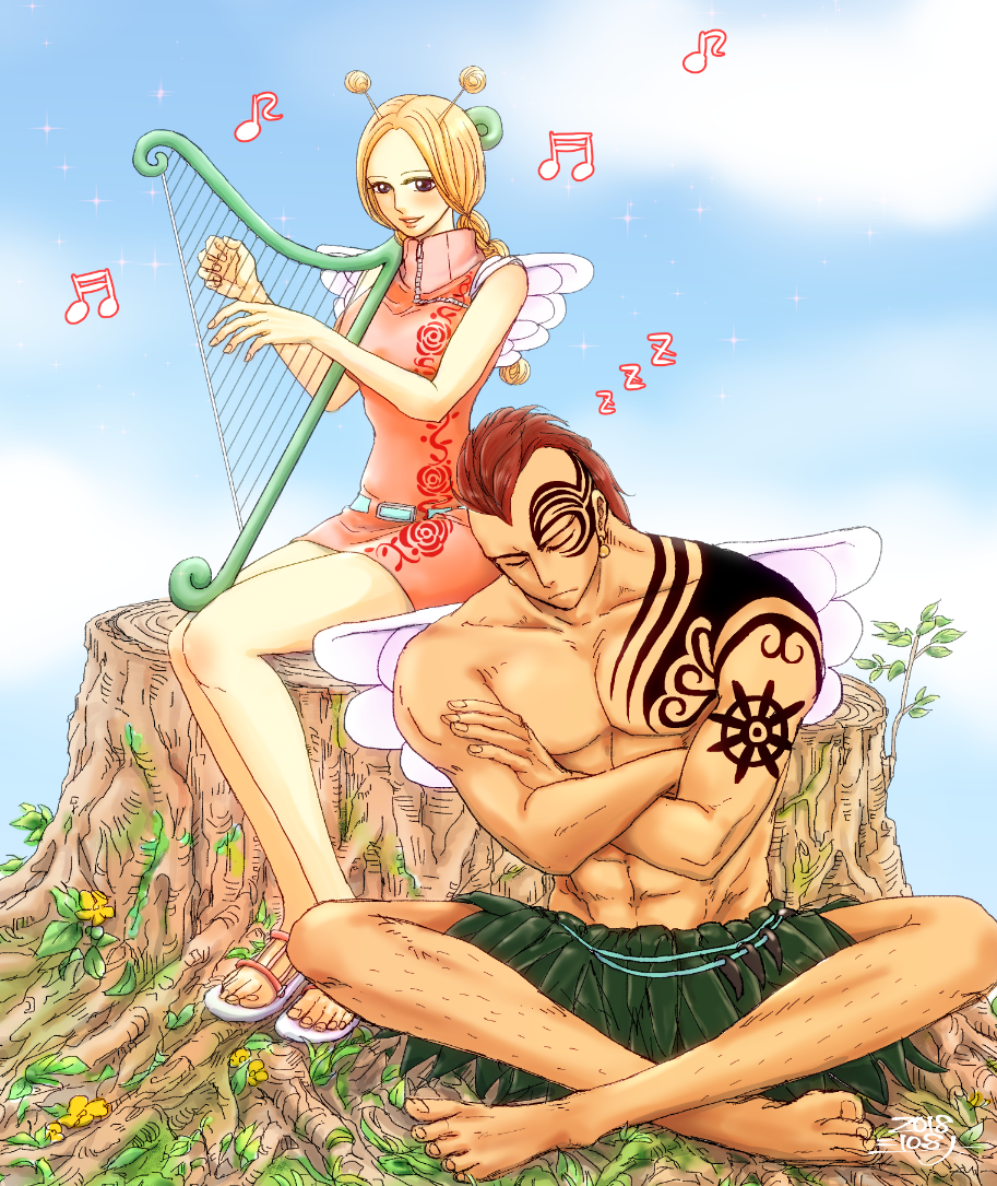 1boy 1girl antenna_hair arm_tattoo barefoot blonde_hair braid brown_eyes chest_tattoo conis_(one_piece) crossed_arms crossed_legs day dress earrings facial_tattoo grass_skirt harp high_collar instrument jewelry long_hair looking_at_viewer muscular muscular_male music musical_note one_piece outdoors pink_dress playing_instrument red_hair sandals shina_(ooo417ooo) shoulder_tattoo sitting sleeping smile tattoo tree_stump twin_braids white_wings wings wyper_(one_piece) zzz