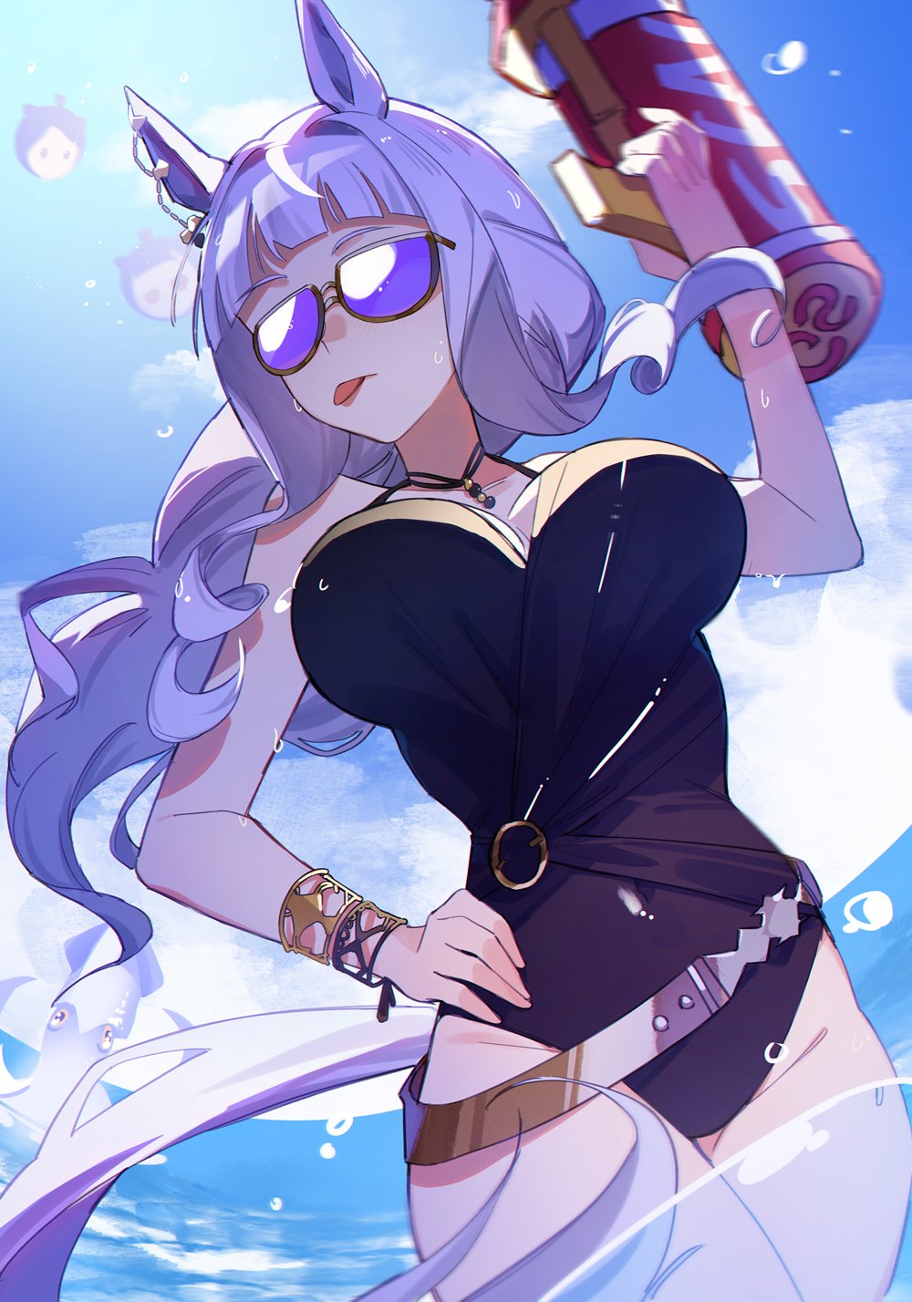 1girl animal_ears black_one-piece_swimsuit blue_sky blunt_bangs breasts cloud cloudy_sky gold_ship_(run_revolt_launcher)_(umamusume) gold_ship_(umamusume) grey_hair hand_on_own_hip highres holding holding_water_gun horse_ears horse_girl horse_tail jenshenya jewelry large_breasts long_hair necktie official_alternate_costume one-piece_swimsuit purple_eyes purple_hair sky solo sunglasses swimsuit tail tongue tongue_out umamusume water water_gun