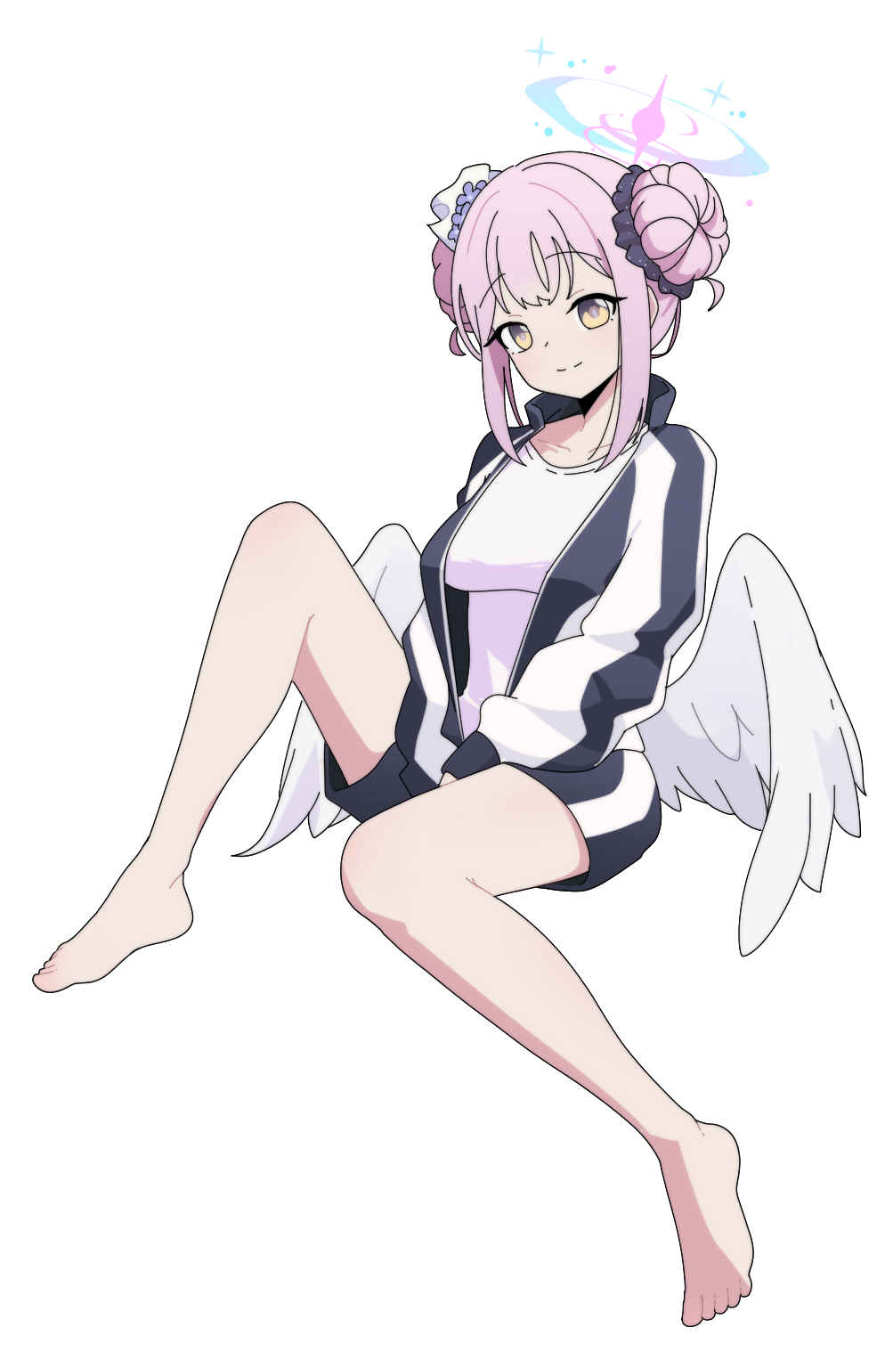 1girl angel_wings barefoot black_shorts blue_archive breasts closed_mouth double_bun feathered_wings flower full_body gym_shirt gym_shorts gym_uniform hair_bun hair_flower hair_ornament halo highres jacket large_breasts long_hair long_sleeves looking_at_viewer mika_(blue_archive) nyaru_(nyaru_4126) open_clothes open_jacket pink_hair pink_halo purple_flower shirt shorts simple_background smile solo toes track_jacket white_background white_shirt white_wings wings yellow_eyes