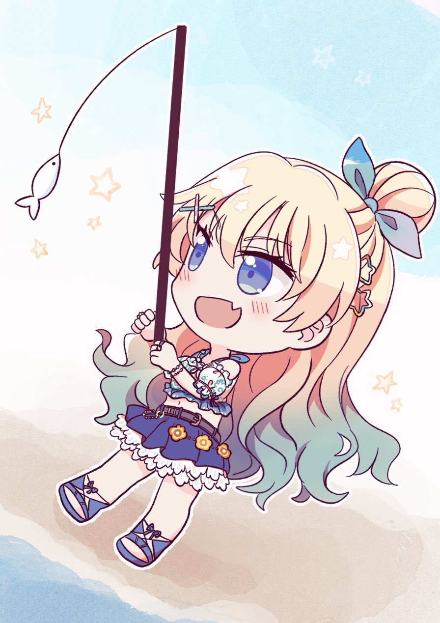 1girl alternate_hairstyle bikini bikini_top_only blonde_hair blue_eyes blue_footwear blue_shorts blush chibi fang fishing_rod frilled_shirt frills full_body hair_ornament highres holding holding_fishing_rod link!_like!_love_live! long_hair looking_at_object love_live! midriff natsumeki_pain_(love_live!) navel open_mouth osawa_rurino shirt shorts sidelocks skin_fang solo standing star_(symbol) star_hair_ornament swimsuit watagemodoki white_shirt