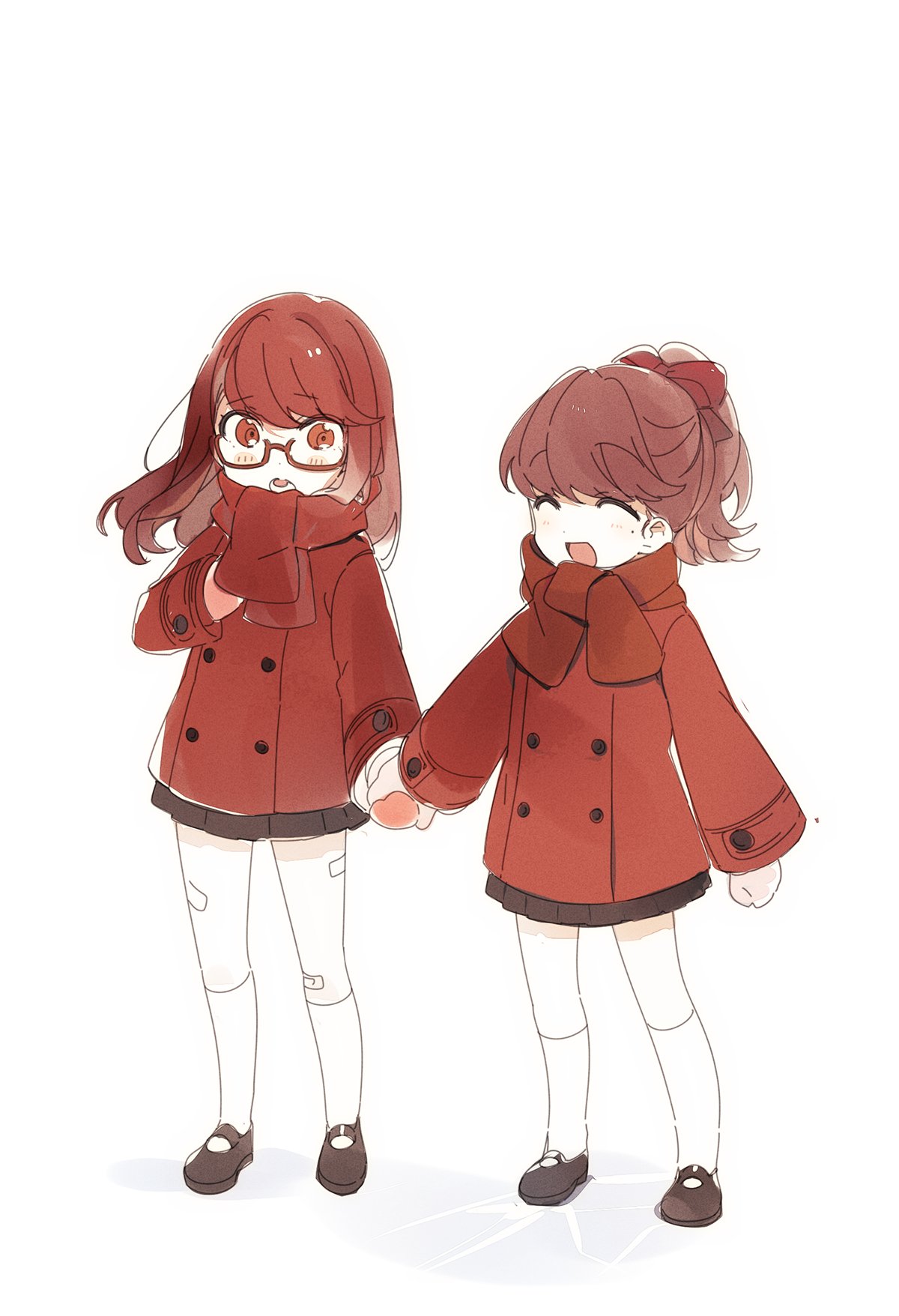 2girls agata120 aged_down bandaid bandaid_on_leg blush bow brown_hair coat full_body glasses hair_bow highres holding_hands kneehighs long_hair long_sleeves miniskirt multiple_girls persona persona_5 persona_5_the_royal ponytail red-framed_eyewear red_bow red_coat red_eyes red_hair red_scarf scarf shoes siblings simple_background sisters skirt socks spoilers standing white_background white_socks yoshizawa_kasumi yoshizawa_sumire