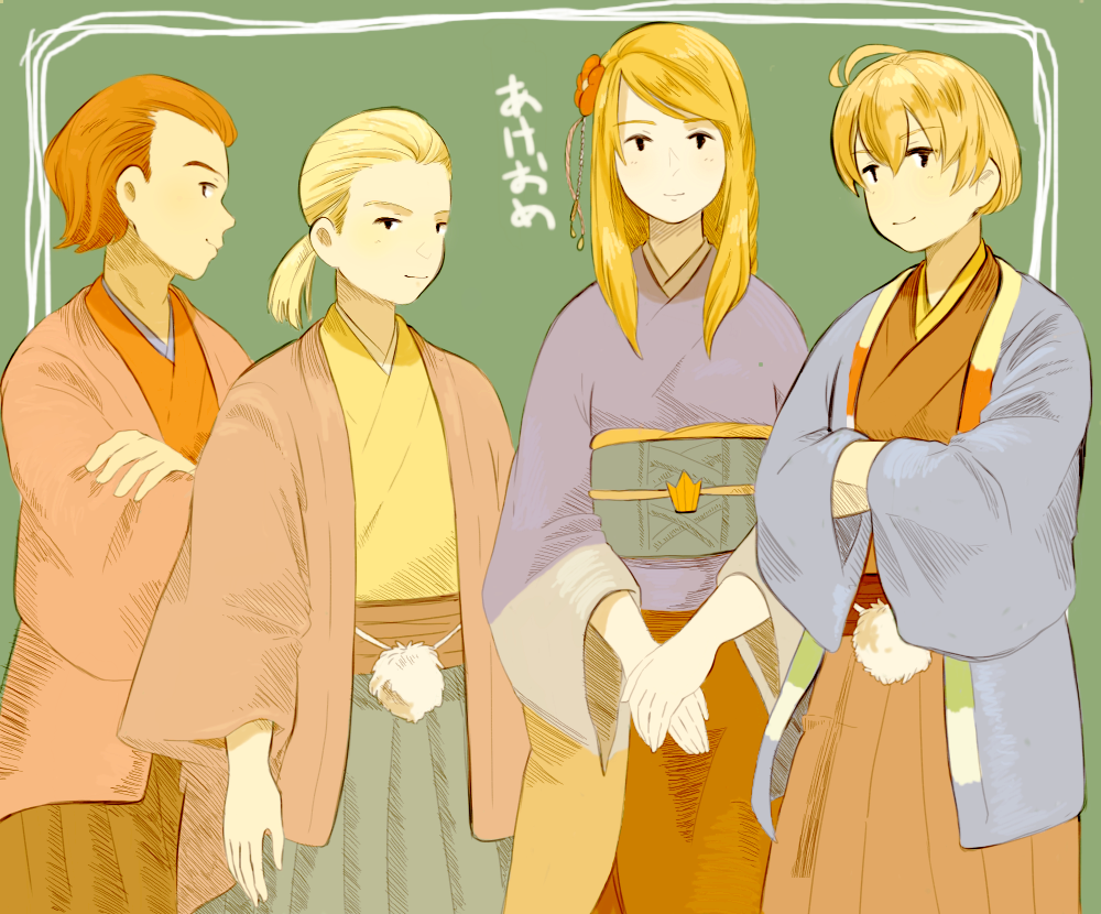 1girl 3boys agrias_oaks ahoge blonde_hair blush brown_hair crossed_arms delita_heiral final_fantasy final_fantasy_tactics flower green_background hair_ornament hakama hakama_skirt japanese_clothes letter long_sleeves looking_at_viewer looking_up multiple_boys mustadio_bunansa obi ponytail ramza_beoulve red_flower sash short_hair skirt trpy_tc upper_body v_arms