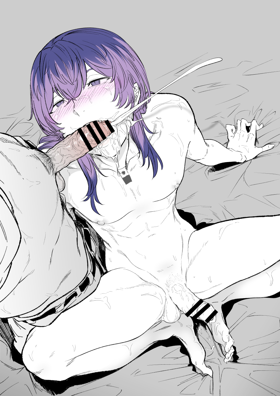 2boys arm_support bar_censor bed_sheet blush censored commentary completely_nude cum cum_in_mouth cum_on_body ejaculation erection facial fellatio from_above grey_background hair_between_eyes haitani_rindou half-closed_eyes highres jewelry knees_apart_feet_together long_hair looking_at_another male_pubic_hair monochrome multiple_boys necklace nude oral out_of_frame pectorals penis pubic_hair puffy_nipples purple_eyes purple_hair sketch slit_pupils solo_focus spot_color testicles tokyo_revengers toned toned_male veins veiny_penis wolfey yaoi