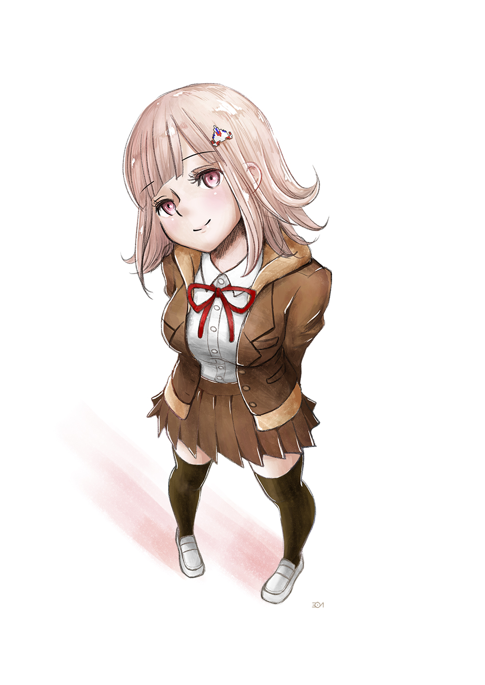 1girl breasts brown_hair brown_jacket brown_skirt brown_thighhighs collared_shirt danganronpa_(series) danganronpa_3_(anime) dress_shirt flipped_hair grey_background hair_ornament highres hood hood_down hooded_jacket hope's_peak_academy_school_uniform huiyuan jacket large_breasts long_sleeves medium_hair miniskirt nanami_chiaki neck_ribbon open_clothes open_jacket pleated_skirt red_ribbon ribbon school_uniform shirt shirt_tucked_in simple_background skirt smile solo spaceship_hair_ornament thighhighs white_shirt