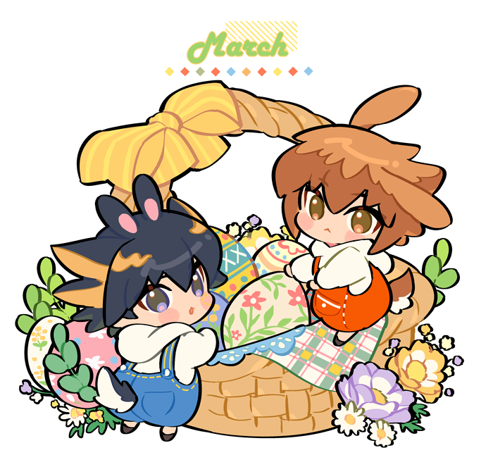 2boys alternate_costume animal_ears arms_up basket black_hair blue_eyes blue_overalls blush_stickers bow brown_hair chibi chinese_commentary commentary_request daisy easter easter_egg egg flower fudou_yuusei full_body gingham hair_between_eyes hood hood_down hoodie in-franchise_crossover jiayu_long kemonomimi_mode leaf looking_back male_focus multicolored_hair multiple_boys overalls pink_flower purple_flower rabbit_boy rabbit_ears rabbit_tail red_overalls short_hair sidelocks spiked_hair spring_(season) standing streaked_hair tail white_background white_flower wicker_basket yellow_bow yellow_flower yu-gi-oh! yu-gi-oh!_5d's yu-gi-oh!_gx yuuki_juudai