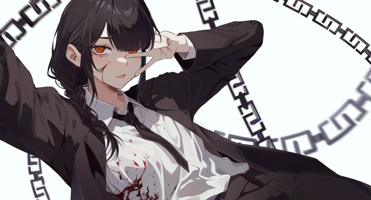 1girl arms_up black_jacket black_necktie black_pants black_suit blood blood_on_clothes blunt_bangs braid chainsaw_man dress_pants dress_shirt jacket leaning_back long_hair ms_tsukii nayuta_(chainsaw_man) necktie open_clothes open_jacket pant_suit pants selfie shirt simple_background single_braid solo suit suit_jacket v white_background white_shirt