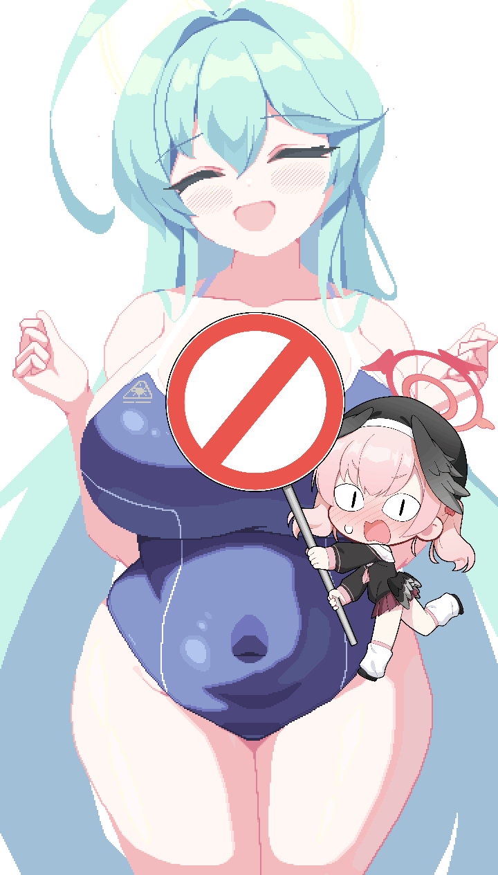 &lt;|&gt;_&lt;|&gt; 2girls ahoge animated animated_gif black_shirt blue_archive blue_one-piece_swimsuit blush bouncing_breasts breasts closed_eyes cowboy_shot flying_sweatdrops hair_between_eyes halo hands_up hat head_wings highres holding holding_sign koharu_(blue_archive) large_breasts long_hair multiple_girls one-piece_swimsuit open_mouth piao_mao pink_hair pixel_art shirt sign simple_background smile swimsuit very_long_hair white_background wings yellow_halo yume_(blue_archive)