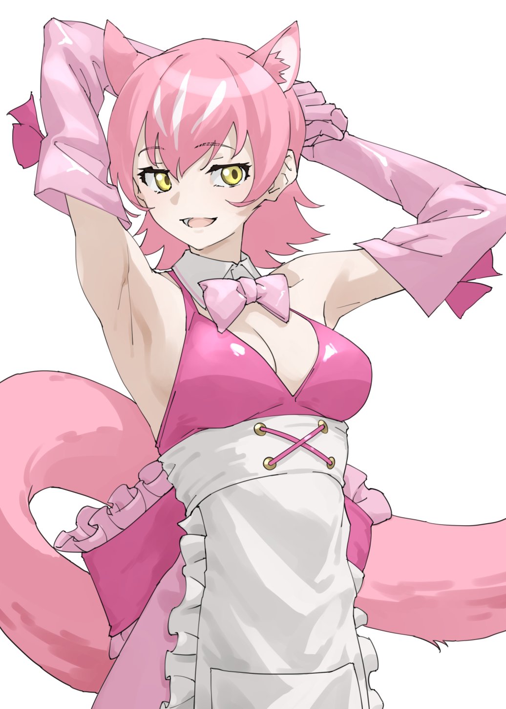 1girl apron back_bow bare_shoulders blush bow bowtie cowboy_shot detached_collar dress elbow_gloves extra_ears frilled_apron frilled_bow frills glove_bow gloves hair_between_eyes highres kemono_friends open_mouth panther_ears panther_girl panther_tail peach_panther_(kemono_friends) pink_bow pink_bowtie pink_dress pink_gloves pink_hair short_hair sidelocks sleeveless smile solo tanabe_(fueisei) white_apron yellow_eyes