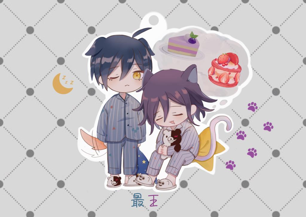 2boys :d ;&lt; alternate_costume animal_ears black_hair butter_310 cake cake_slice cat_boy cat_ears cat_tail danganronpa_(series) danganronpa_v3:_killing_harmony dog_boy dog_ears dog_tail dress_shirt flipped_hair food male_focus medium_hair monokuma multiple_boys oma_kokichi orange_eyes pants paw_print purple_hair saihara_shuichi shirt shoes sitting sleeping sleeping_upright smile standing striped_clothes striped_pants striped_shirt tail thought_bubble