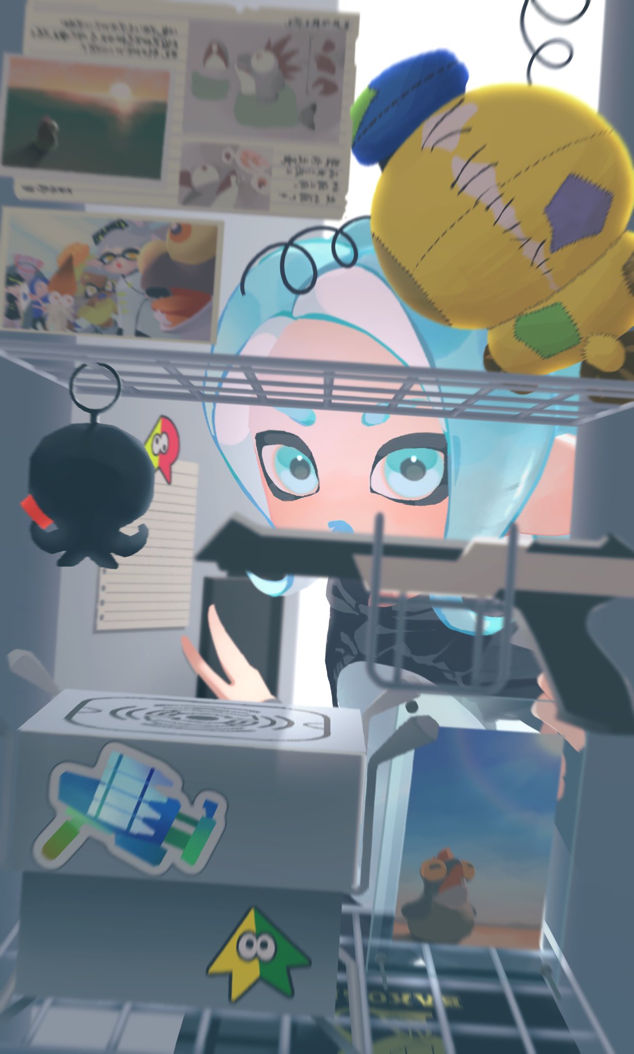 05_ruri 1girl :o big_man_(splatoon) black_jacket blue_eyes blue_hair blurry box callie_(splatoon) character_doll charm_(object) clash_blaster_(splatoon) commentary_request frye_(splatoon) highres jacket locker long_hair looking_at_viewer marie_(splatoon) n-zap_(splatoon) octoling octoling_girl octoling_player_character open_mouth opening opening_door photo_(object) picture_frame pov shiver_(splatoon) smallfry_(splatoon) solo splatoon_(series) splatoon_3 sticker stuffed_toy tentacle_hair zapfish