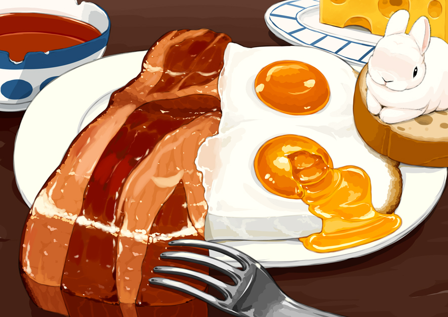 animal bacon bowl bread bread_slice cheese egg_(food) egg_yolk food food_focus fork fried_egg lilac_(p-f_easy) no_humans original plate rabbit table