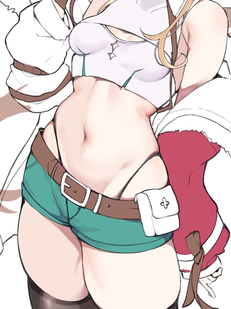 1girl aqua_shorts arm_behind_back arm_belt arm_up bare_shoulders belt belt_pouch black_thighhighs blonde_hair breasts brown_belt character_request cleavage commentary copyright_request cowboy_shot crop_top fur-trimmed_jacket fur_trim groin highleg jacket long_hair midriff navel off_shoulder oimo_0imo open_clothes pouch red_jacket short_shorts shorts sidelocks simple_background skindentation solo standing stomach thighhighs thighs underwear white_background