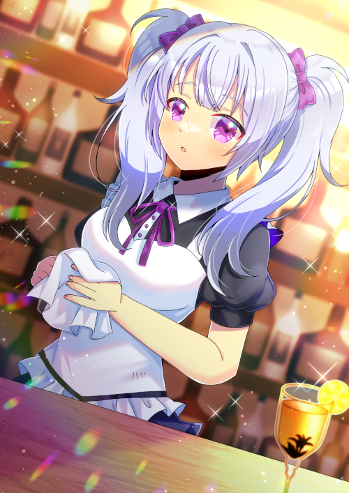 1girl apron black_shirt blurry blurry_background bottle bow breasts collared_shirt commentary_request commission cup depth_of_field dress_shirt drinking_glass dutch_angle frilled_apron frills grey_hair hair_bow holding indoors kou_hiyoyo looking_at_viewer medium_breasts neck_ribbon original parted_lips pink_bow puffy_short_sleeves puffy_sleeves purple_eyes purple_ribbon ribbon shirt short_sleeves skeb_commission solo twintails white_apron