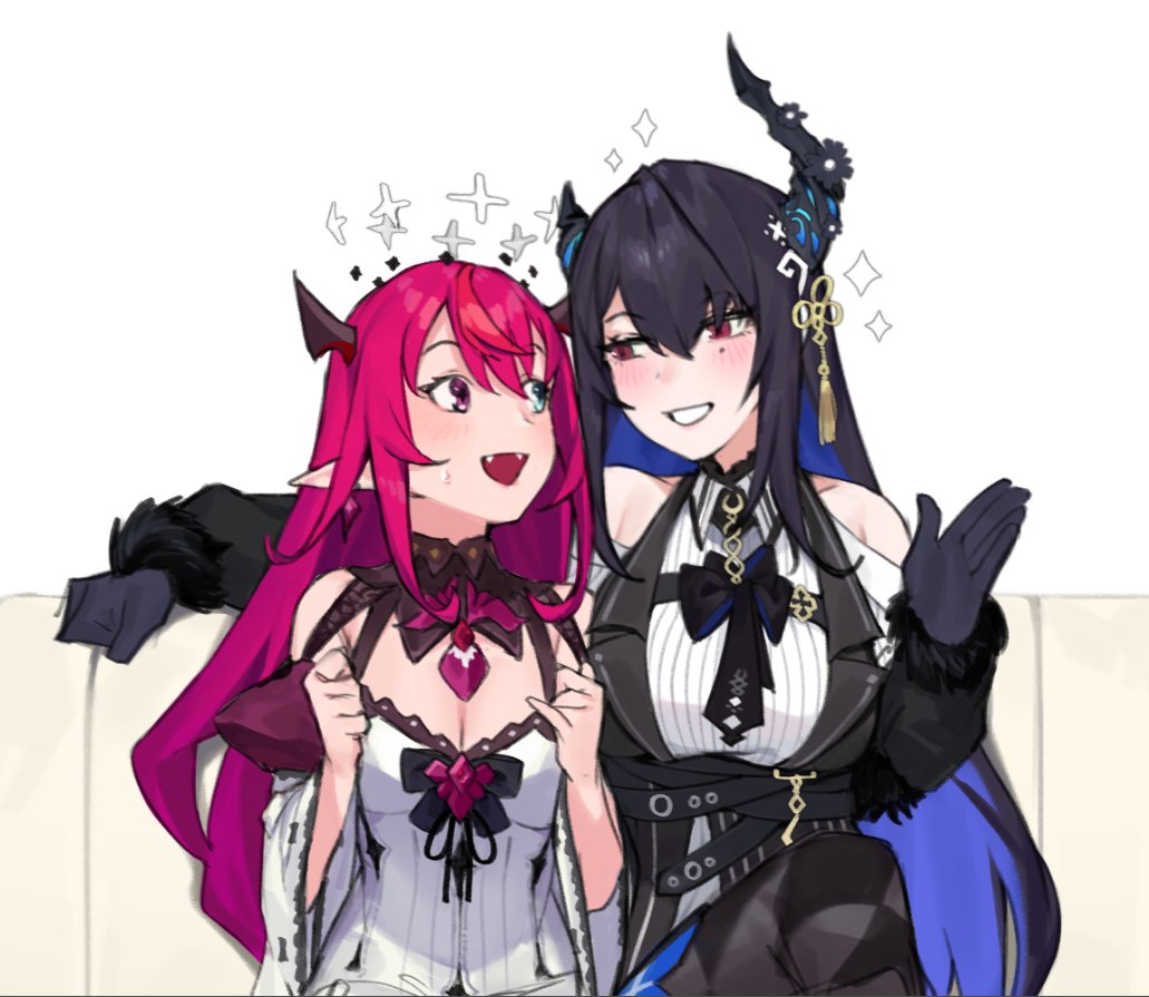 2girls asymmetrical_horns bare_shoulders black_hair blue_hair breasts colored_inner_hair dasdokter demon_horns fangs hair_ornament hololive hololive_english horns irys_(hololive) irys_(irys_2.0)_(hololive) long_hair mole mole_under_eye multicolored_hair multiple_girls nerissa_ravencroft nerissa_ravencroft_(1st_costume) red_eyes smile two-tone_hair uneven_horns virtual_youtuber yuri