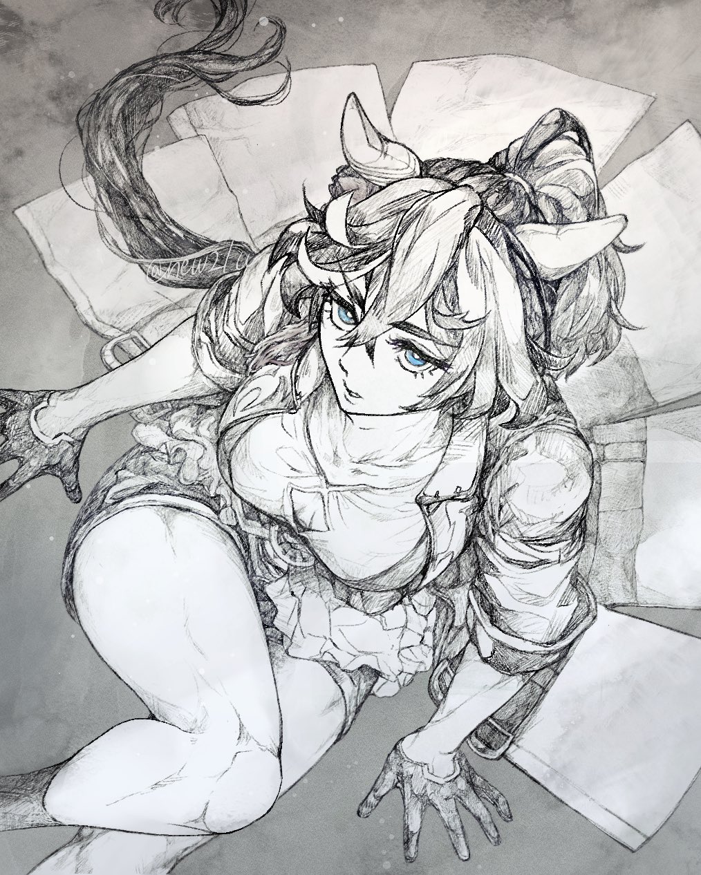 1girl animal_ears blue_eyes breasts breasts_apart cleavage_cutout clothing_cutout coat ear_covers feet_out_of_frame gloves greyscale highres horse_ears horse_girl horse_tail katsuragi_ace_(umamusume) looking_at_viewer looking_up monochrome new_(new21u) open_clothes open_coat parted_lips ponytail shirt short_hair short_shorts shorts sitting small_breasts solo spot_color tail thighs umamusume