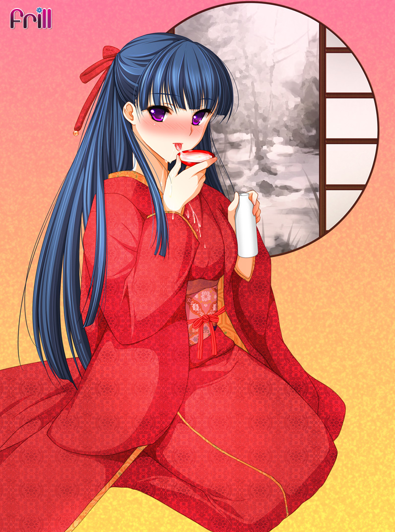 :p alcohol blue_hair blush chikan_sen'you_sharyou cup drinking drunk hair_ribbon japanese_clothes kimono koizumi_amane long_hair messy obi purple_eyes ribbon round_window sakazuki sake sash seiza sitting solo takatou_mizuki tokkuri tongue tongue_out unmoving_pattern window