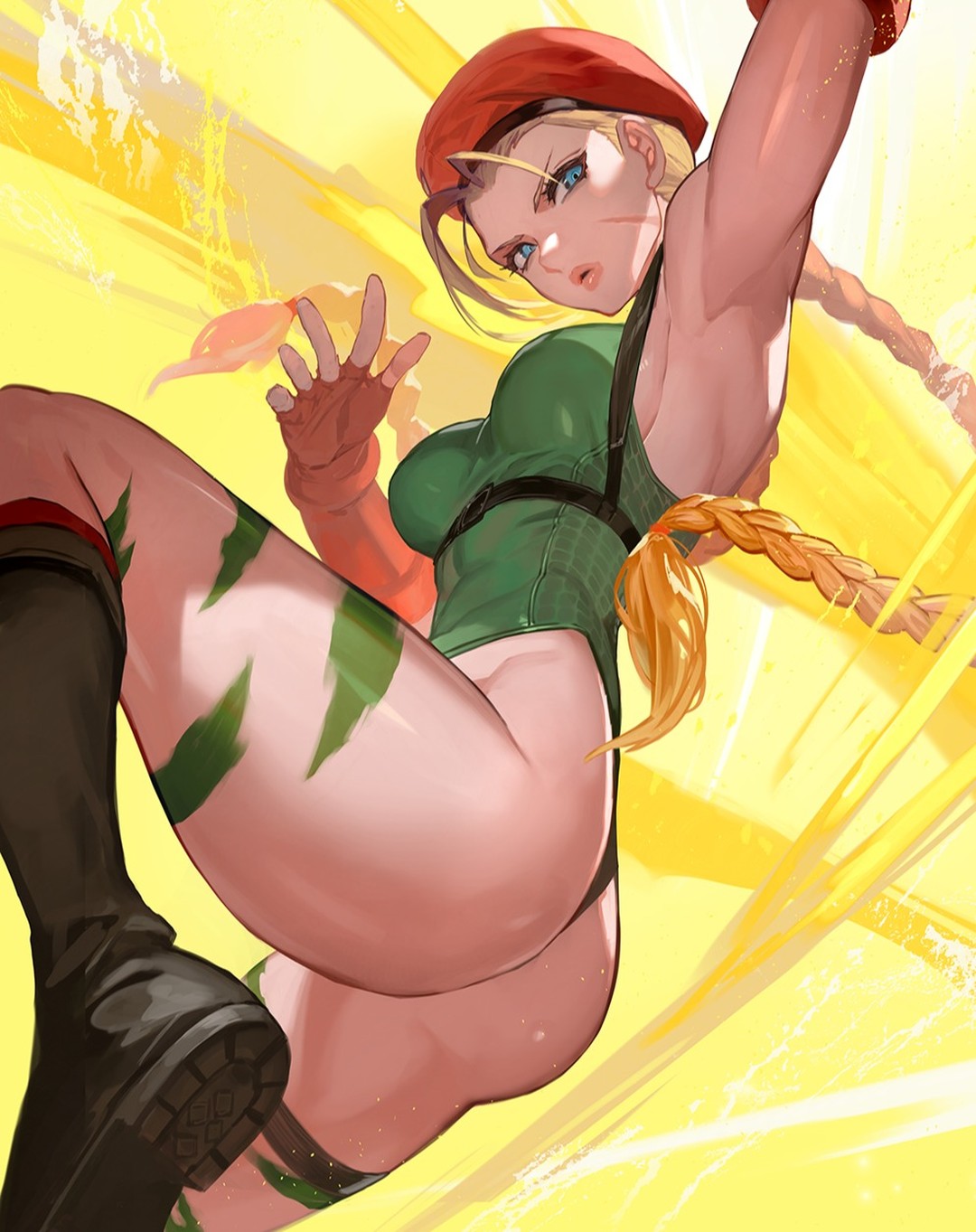 1girl armpits ass bad_source beret blonde_hair blue_eyes boots braid breasts cammy_white commentary_request curvy fingerless_gloves gloves green_leotard hat highleg highleg_leotard highres huge_ass jumping lack large_breasts leotard lips long_hair looking_at_viewer scar scar_on_face shiny_skin sleeveless solo street_fighter thick_thighs thighs thong_leotard twin_braids very_long_hair