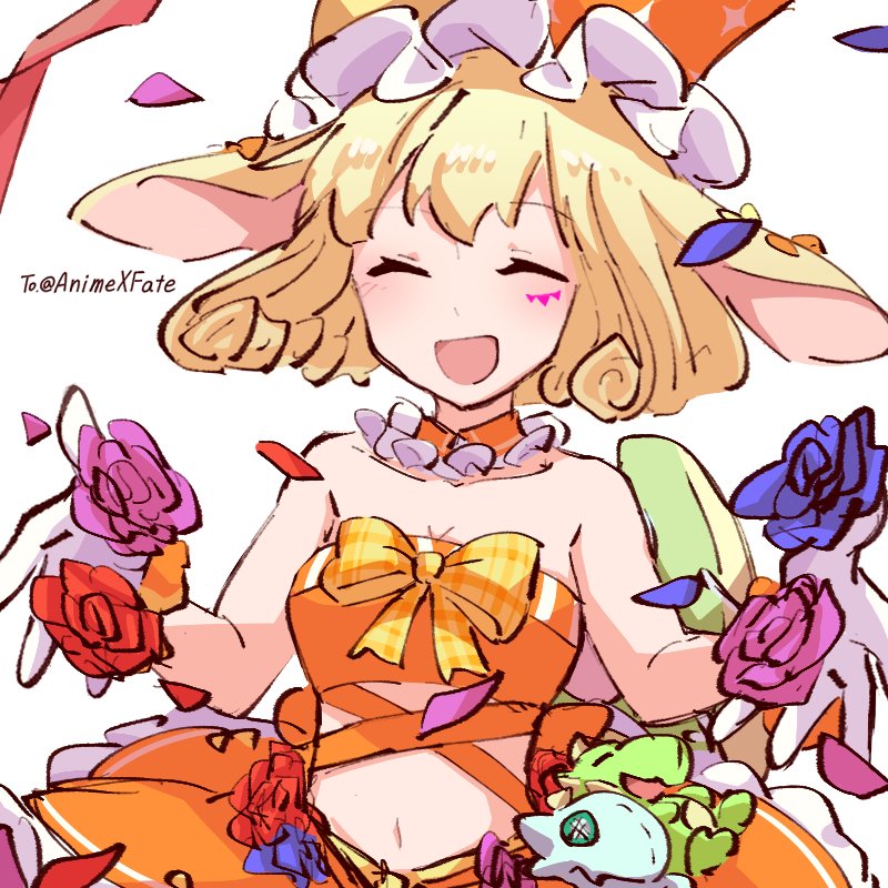 1girl alonemistrist animal_ears annelie_(dragalia_lost) bare_shoulders blonde_hair closed_eyes crop_top dragalia_lost facial_mark facing_viewer flower gloves midriff navel open_mouth petals rabbit_ears short_hair solo upper_body white_background white_gloves