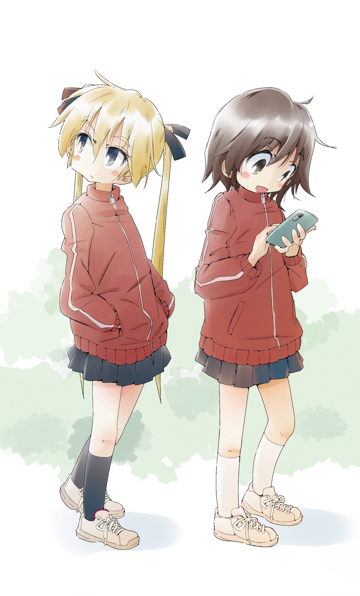 2girls black_ribbon black_skirt black_socks blonde_hair brown_eyes brown_hair cellphone full_body hair_ribbon hands_in_pockets highres holding holding_phone jacket kill_me_baby long_hair looking_to_the_side multiple_girls nirata_masoba open_mouth oribe_yasuna phone pleated_skirt red_jacket ribbon shoes short_hair skirt smartphone sneakers socks sonya_(kill_me_baby) standing twintails white_footwear white_socks