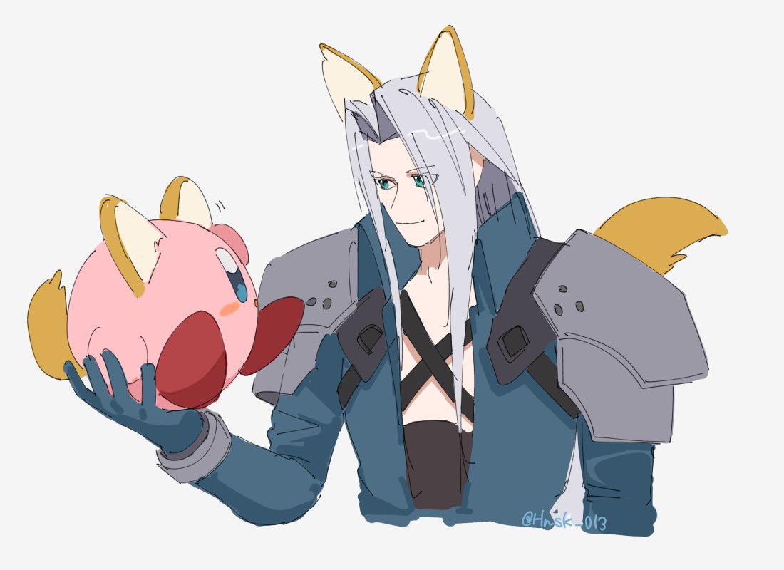 1boy animal animal_ears armor bangle belt blue_coat blue_eyes blue_gloves blush_stickers bracelet chest_strap coat cropped_torso final_fantasy final_fantasy_vii fox_ears fox_tail gloves grey_background grey_hair hand_up high_collar hnsk_013 holding holding_animal jewelry kemonomimi_mode kirby kirby_(series) long_bangs long_hair long_sleeves looking_at_another looking_to_the_side male_focus open_clothes open_coat open_mouth parted_bangs pauldrons sephiroth shoulder_armor simple_background sitting sitting_on_hand sketch smile super_smash_bros. tail twitter_username waving