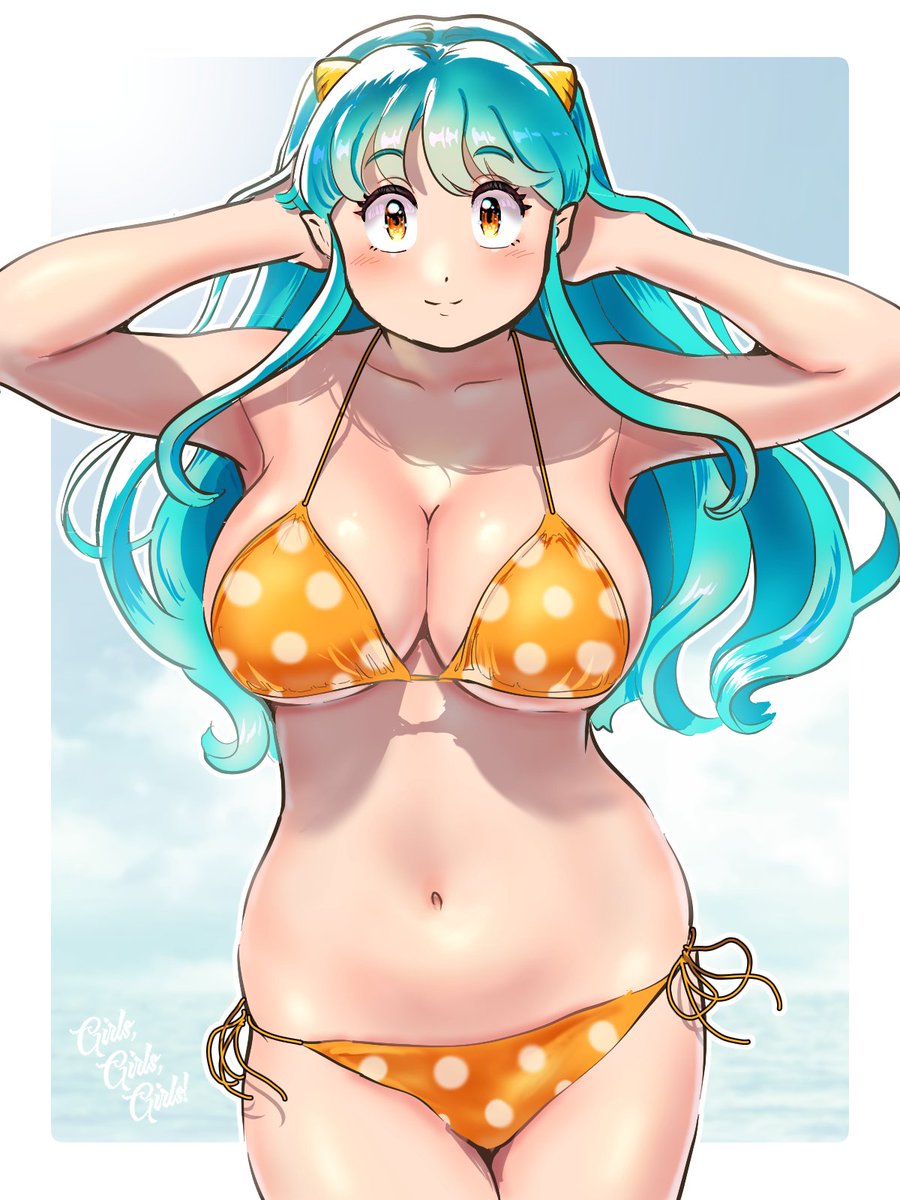 1girl bikini breasts cleavage collarbone green_hair highres horns kenken28937178 large_breasts long_hair looking_at_viewer lum navel oni orange_bikini polka_dot polka_dot_bikini smile solo swimsuit urusei_yatsura yellow_eyes