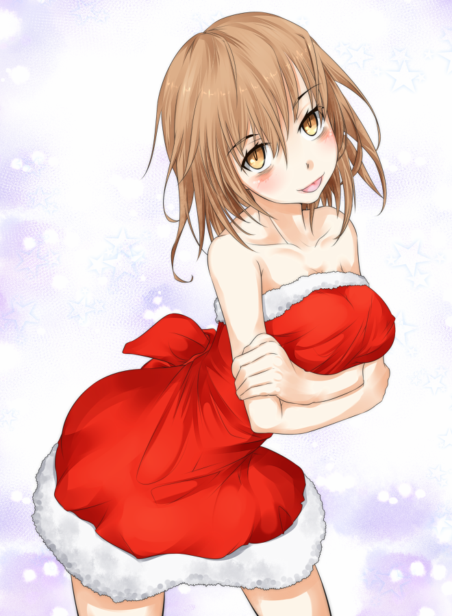 1girl arms_under_breasts bare_arms bare_shoulders blush breasts brown_eyes brown_hair brown_pupils christmas commentary_request cowboy_shot dress fur-trimmed_dress fur_trim hair_between_eyes head_tilt leaning_forward long_bangs looking_at_viewer medium_breasts medium_hair messy_hair misaka_worst purple_background red_dress santa_dress shin_(highest1192) short_dress slit_pupils solo strapless strapless_dress toaru_majutsu_no_index tongue tongue_out