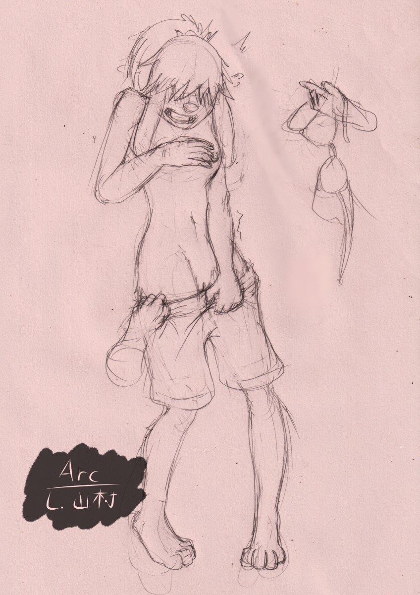 anthro arc_rose bra breasts canid canine canis clothed clothing covered_eyes covering covering_breasts covering_self disembodied_hand domestic_dog embarrassed exposed_breasts female forced forced_exposure forced_undressing genitals hi_res mammal monochrome nipples partially_clothed pussy sketch small_breasts traditional_media_(artwork) underwear undressing