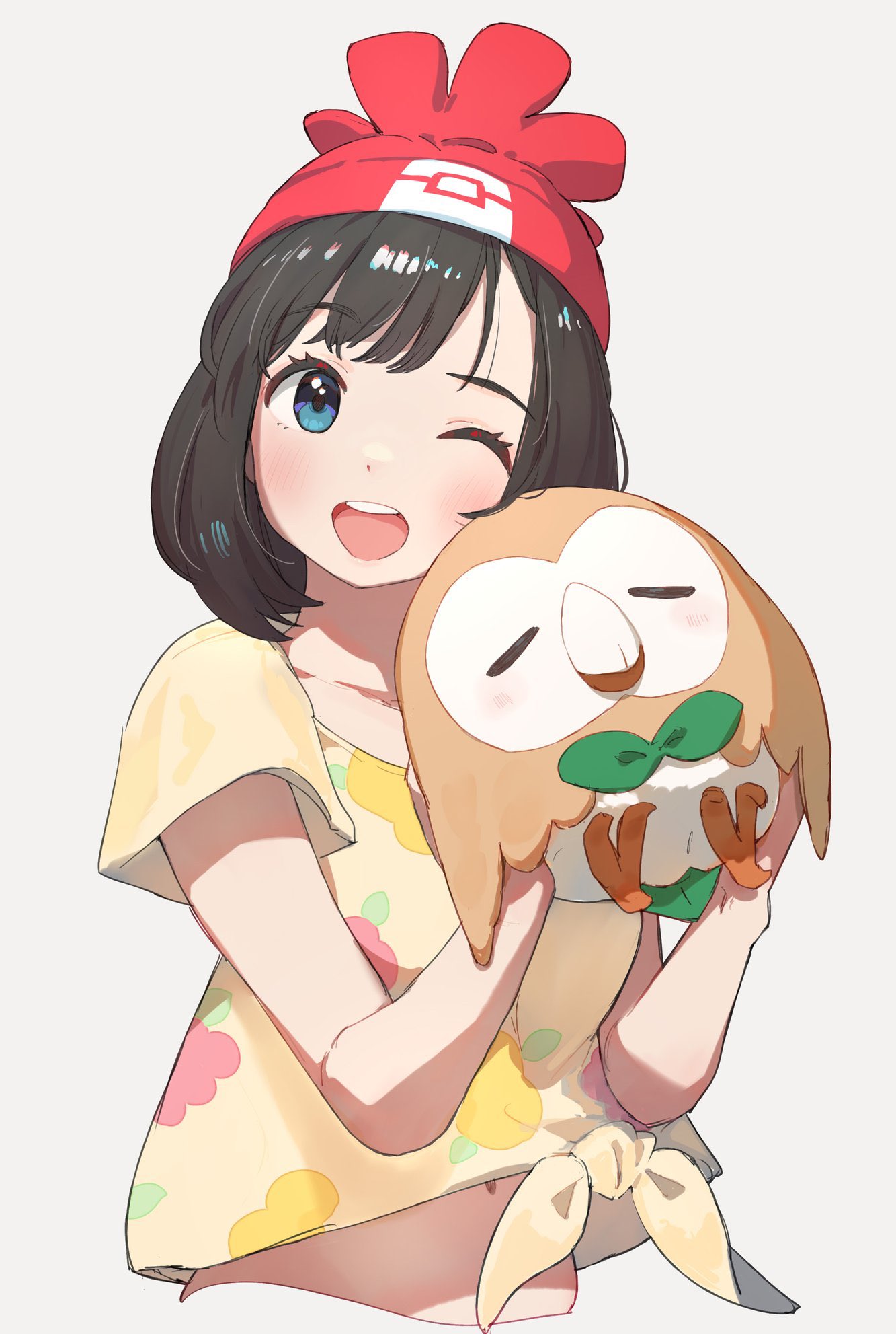 1girl ;d aqua_eyes beanie black_hair blush commentary_request eyelashes hat highres holding holding_pokemon medium_hair navel one_eye_closed open_mouth pokemon pokemon_(creature) pokemon_sm red_hat rowlet selene_(pokemon) shirt short_sleeves smile teeth tied_shirt upper_teeth_only white_background yellow_shirt yosame0a