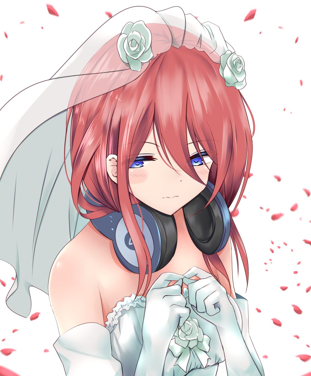 1girl averting_eyes bare_shoulders blue_eyes bonfurai bridal_veil brown_hair closed_mouth commentary_request dress elbow_gloves embarrassed falling_petals fidgeting gloves go-toubun_no_hanayome headphones headphones_around_neck highres long_hair long_hair_between_eyes nakano_miku petals solo strapless strapless_dress upper_body veil wedding_dress white_background white_dress white_gloves