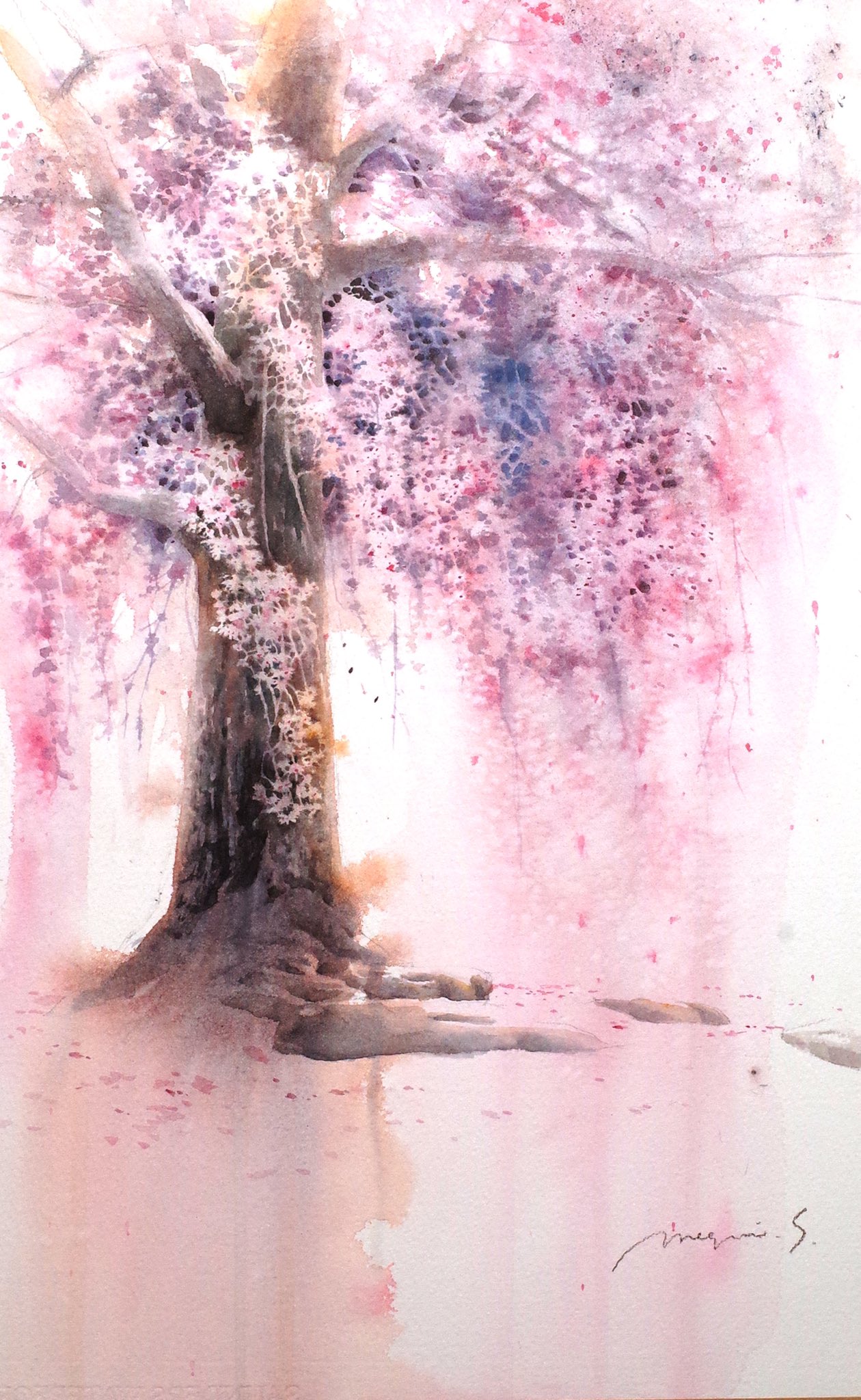 branch cherry_blossoms highres no_humans original painting_(medium) pink_background pink_theme plant plant_focus scenery shimizu_megumi_(m_acquerello) traditional_media tree watercolor_(medium)